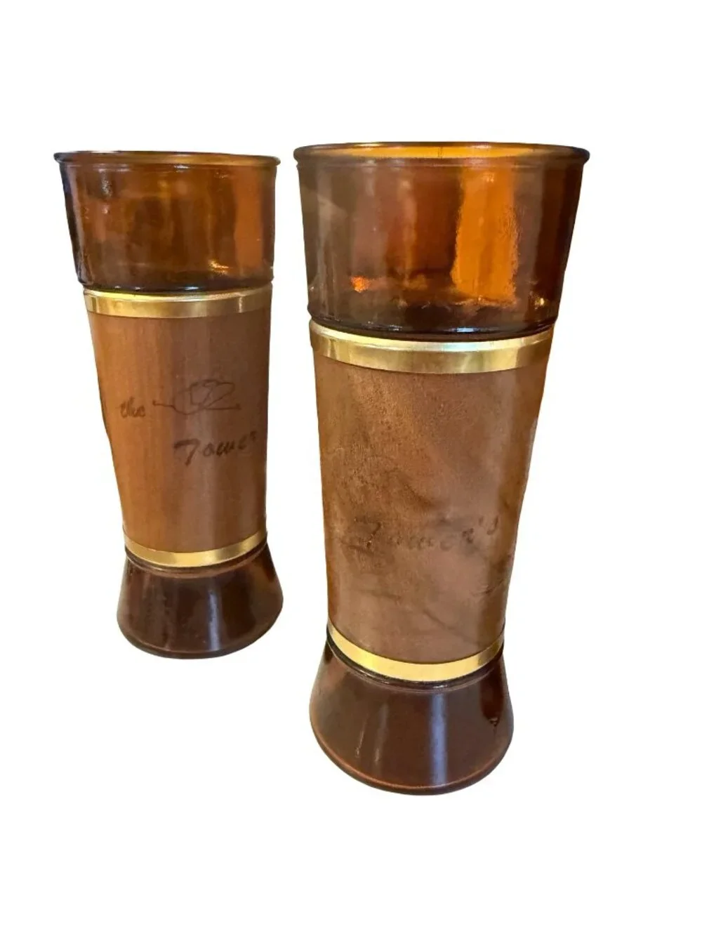 Vintage The Tower's Amber Glass Tumblers Genuine Walnut Wood Jackets Set of 6 MC